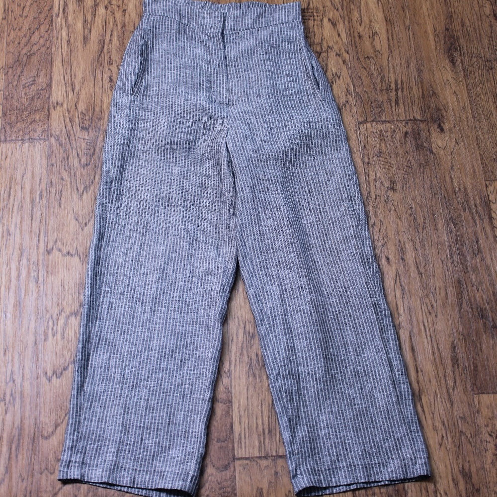 Marin et Beau White Stripe on Gray 100%Linen Elastic Waistband on Back Long Pant